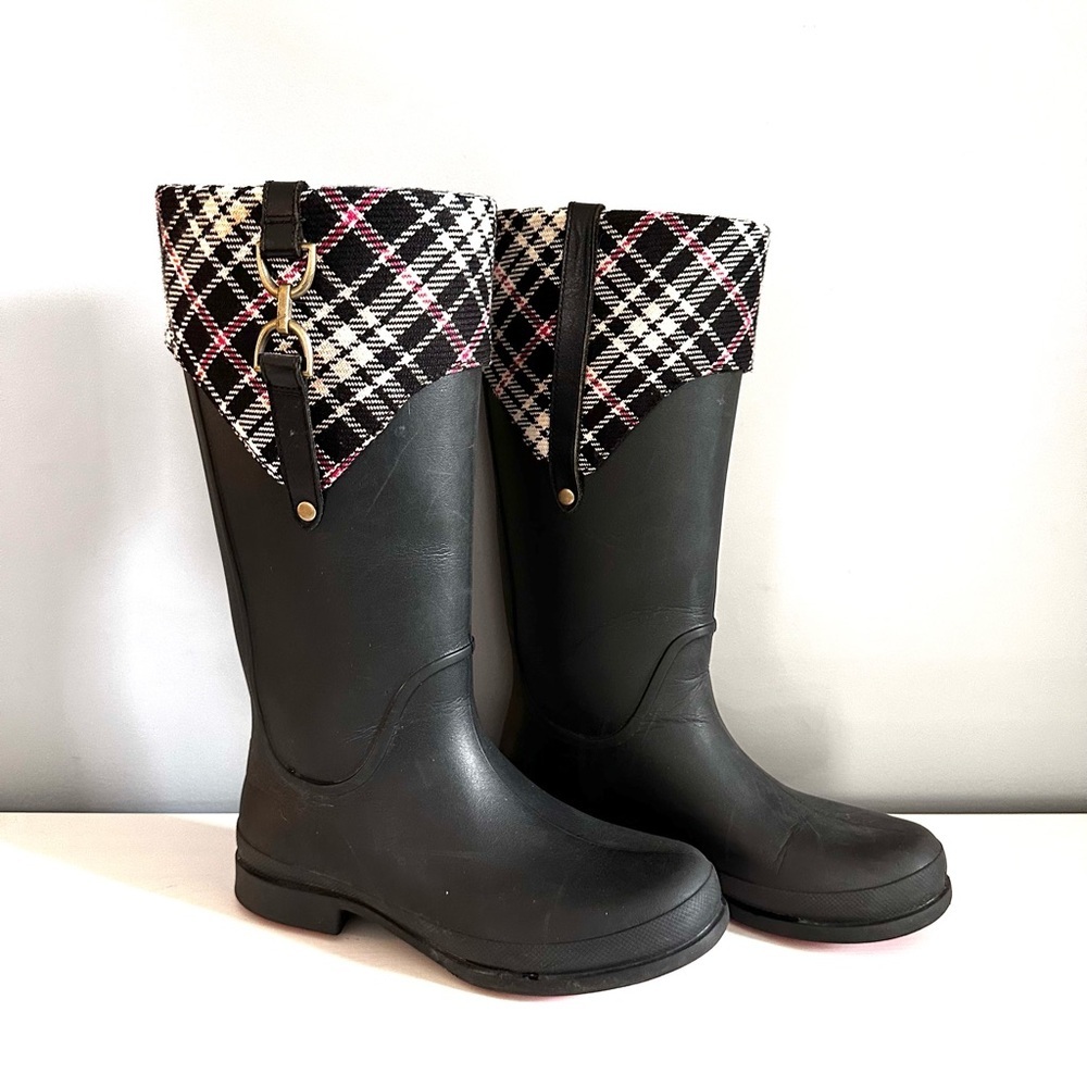 CROCS Bridle Wellie Black + Red Plaid Tall Rubber Rain Boots Size 10 Women's - Picture 2 of 10